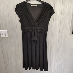 Evan Picone Womens Surplice Neck Ruched Cap Sleeve A-Line Midi Dress Black 16